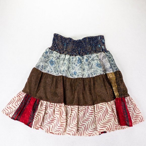 Studio Spa Womens Silk Tiered Skirts Multicolor Medium Pachwork Lightweight - Picture 1 of 12